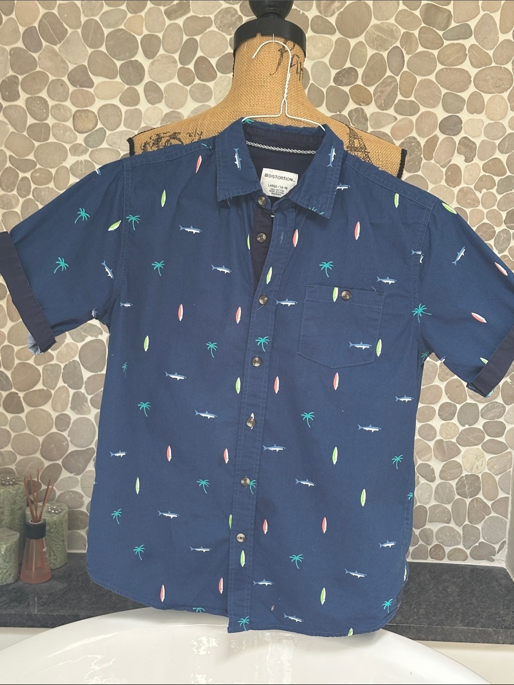 Distortion Kids' Navy Short-Sleeve Button-Down Surf Print Shirt